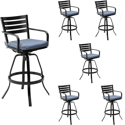 Pellebant Patio Swivel Barstools Set of 6, Aluminum 29.5" Outdoor Bar Height Stool Chairs with Back & Footrest,Rust-Proof Tall Patio Bar Stools for Deck Lawn Garden,Spectrum Denim