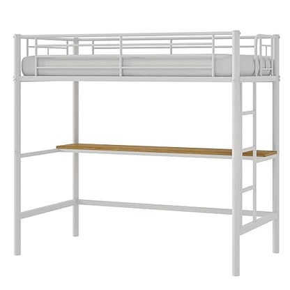 VECELO Metal Loft Bed Twin Size with Desk, Heavy Duty Bedframe with Removable Ladder and Safety Guardrail, Space-Saving, Noise Free, No Box Spring Needed, Off White