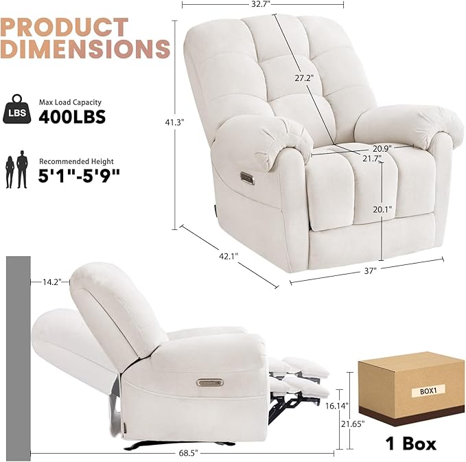 EONIX Mordern Massage Rocker Recliner Chair, Dual Motor Power Rocking Recliners for Small Spaces, Lazy Boy Recliner Chair with Heat and Massage for Living Room, Bedroom, Study, Pearl White
