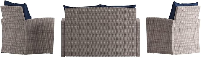 Flash Furniture Aransas Series 4 Piece Light Gray Patio Set with Navy Back Pillows and Seat Cushions