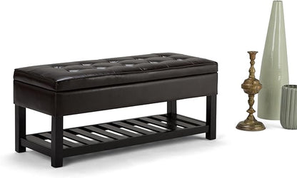 SIMPLIHOME Cosmopolitan 44 inch Wide Transitional Rectangle Storage Ottoman Bench with Open Bottom in Tanners Brown Vegan Faux Leather, Assembled for the Living Room and Bedroom