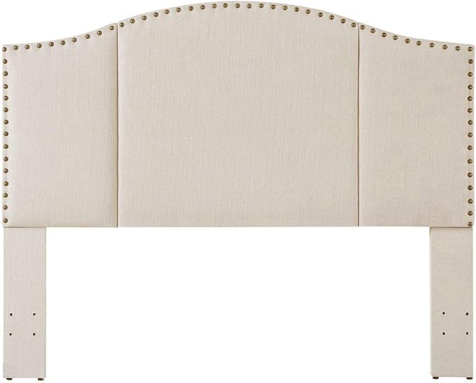 24KF Middle Century Linen Upholstered Tufted Queen Size Headboard with Antique Brass Nails Queen/Full headboard -Ivory