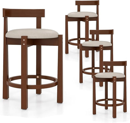 COSTWAY 24'' Counter Height Bar Stools Set of 4, Linen Upholstered Bar Chairs with Backrests and Footrests, Wood High Barstools for Kitchen Island and Dining Room (Walnut)