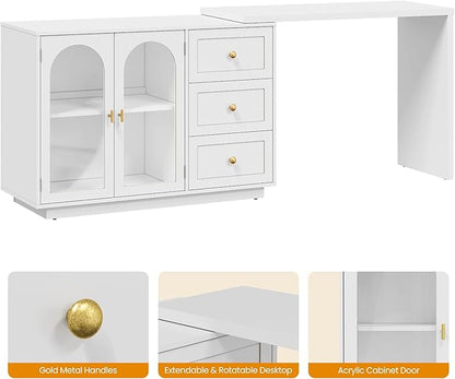 RoyalCraft L Shaped Home Office Desk, Large Extendable and Rotatable Desk with 3 Drawers and 2 Doors, Corner Computer Desk, Modern Study Writing Table for Bedroom, Home Office, White