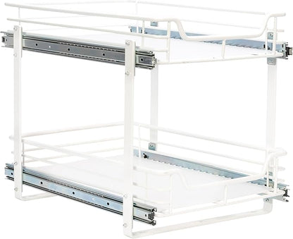Household Essentials Glidez Multipurpose Paint-Finished Steel Pull-Out/Slide-Out Storage Organizer for Under Cabinet Use - 2-Tier Design - Fits Standard Size Cabinet or Shelf, White