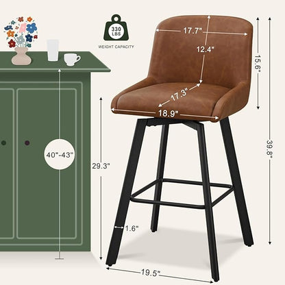 Swivel Bar Stools Set of 4, 30''H Upholstered Barstools with Backs, Modern Counter Height Bar Stool Chairs for Kitchen Island, Metal Legs, Faux Leather, Brown Counter Stools
