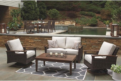 Signature Design by Ashley Paradise Trail Outdoor Loveseat with All Weather Cushions, Nuvella Weather Resistant Fabric, Medium Brown