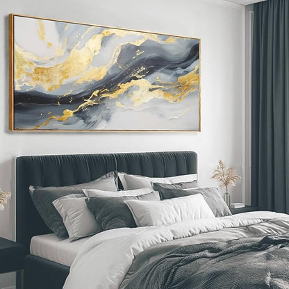 SDYA Wall Art for Living Room Abstract Wall Art Blue and White Pictures Canvas Wall Art 48x24 Inch Gold Wall Decor Line Artwork Home Office Decor