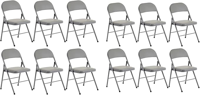 12 Pack Grey Folding Chairs with Padded Seats, Portable Stackable Foldable Chairs for Indoor and Outdoor, Commercial Seat with Metal Frame for Events Office Wedding Party, 330lbs Capacity