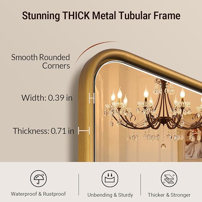 ANDY STAR Brass Mirror, 36x40 Inch Gold Rectangle Mirror for Bathroom with Rounded Corner, Brushed Brass Vanity Rectangular Mirrors with Tube Metal Frame, Wall Mounted