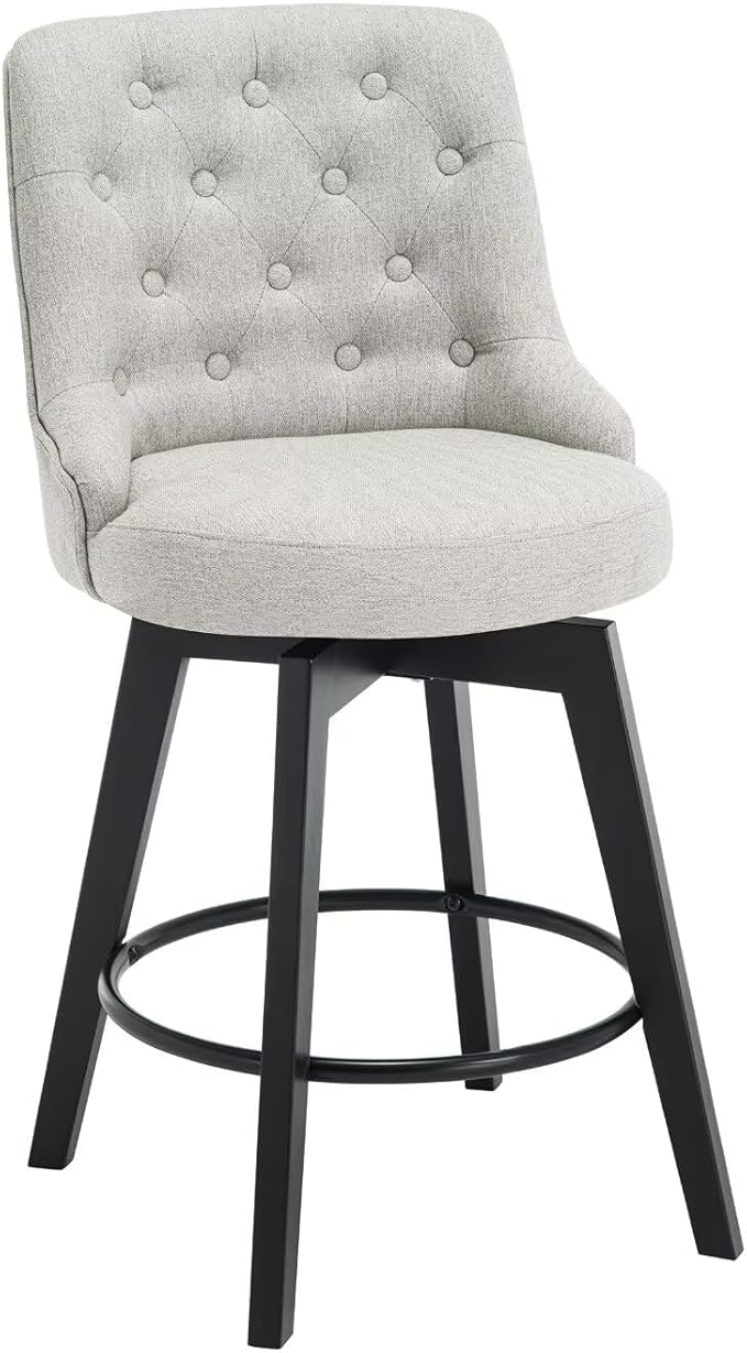 MINCETA Set of 2 Upholstered Bar Stools - 26 Inch Swivel Counter Height Stools with Low Tufted Back, Footrest & Performance Fabric - Round Seat for Kitchen Island & Home Bar Gray and Beige
