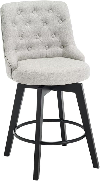 MINCETA Set of 2 Upholstered Bar Stools - 26 Inch Swivel Counter Height Stools with Low Tufted Back, Footrest & Performance Fabric - Round Seat for Kitchen Island & Home Bar Gray and Beige