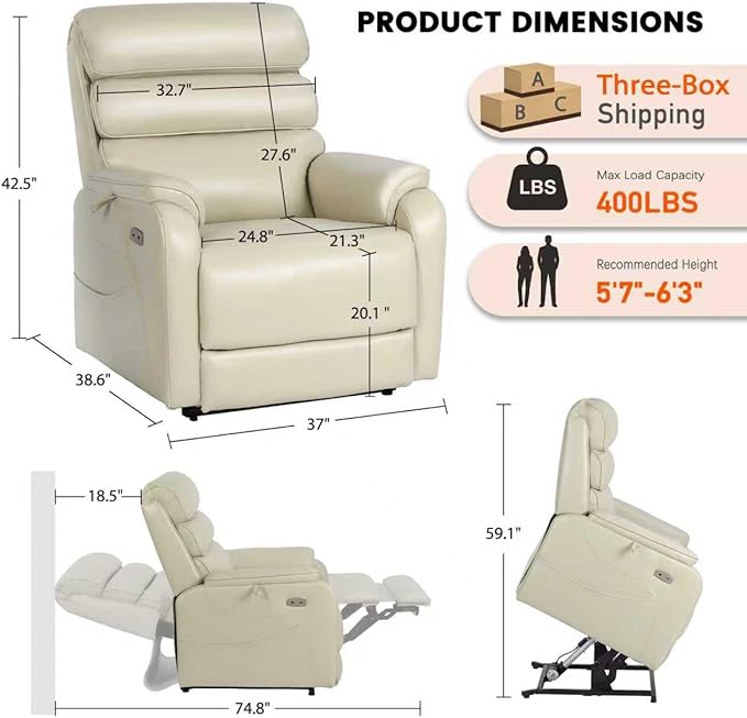 EONIX Large Lay Flat Power Lift Recliner Chair for Elderly, Oversized Electric Lift Chairs, 400lbs Heavy Duty Power Recliner with Heat and Massage, SLRY022063, Cream White