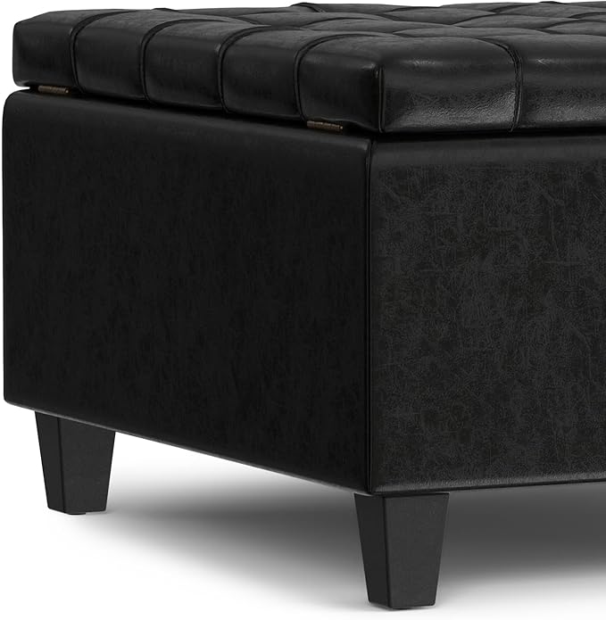 SIMPLIHOME Harrison 30 inch Wide Transitional Square Small Coffee Table Storage Ottoman in Midnight Black Vegan Faux Leather, Assembled, for The Living Room and Bedroom