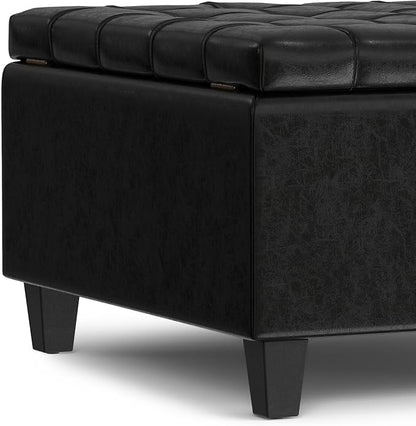 SIMPLIHOME Harrison 30 inch Wide Transitional Square Small Coffee Table Storage Ottoman in Midnight Black Vegan Faux Leather, Assembled, for The Living Room and Bedroom