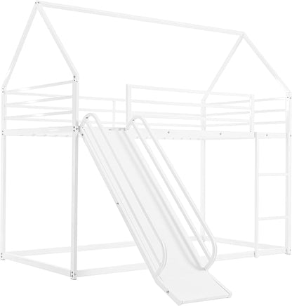 Twin Over Twin Metal Floor Bunk Bed with Slide,Metal Junior House Twin Size House Bunk Bed Frame with Ladder & Roof for Boy Girl, No Box Spring Needed,Low Bunk Bed Frame with Convertible Slide