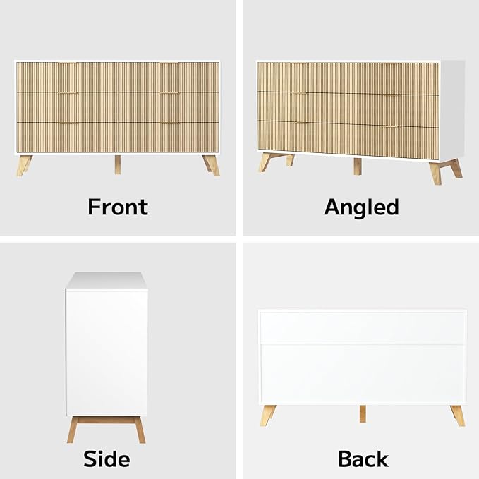 6 Drawer Dresser, 53.43 Inch Fluted Wood Double Dresser with Metal Handles Curved Design Wide Storage Organizer Cabinet Mid Century Modern Chest Dressers for Bedroom Living Room Entryway