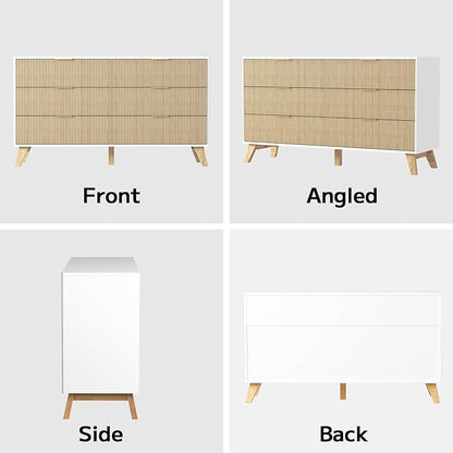6 Drawer Dresser, 53.43 Inch Fluted Wood Double Dresser with Metal Handles Curved Design Wide Storage Organizer Cabinet Mid Century Modern Chest Dressers for Bedroom Living Room Entryway