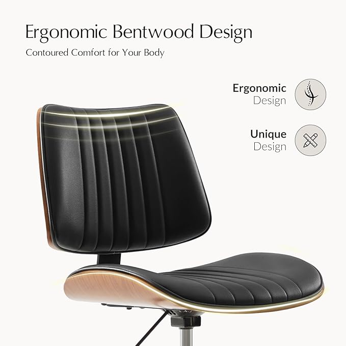 HULALA HOME Office Desk Chair with Solid Wood Legs, Adjustable Height & 360° Swivel, Comfy Bentwood Faux Leather Tufted Task Chair, Black