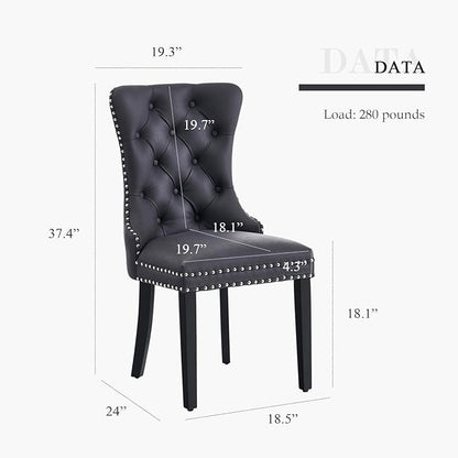 Leather Dining Chair Set of 6, Dining Room Chairs with Nailhead Ring Pull Trim, Upholstered Dining Chairs with Solid Wood Legs for Kitchen Dining Room (Black)