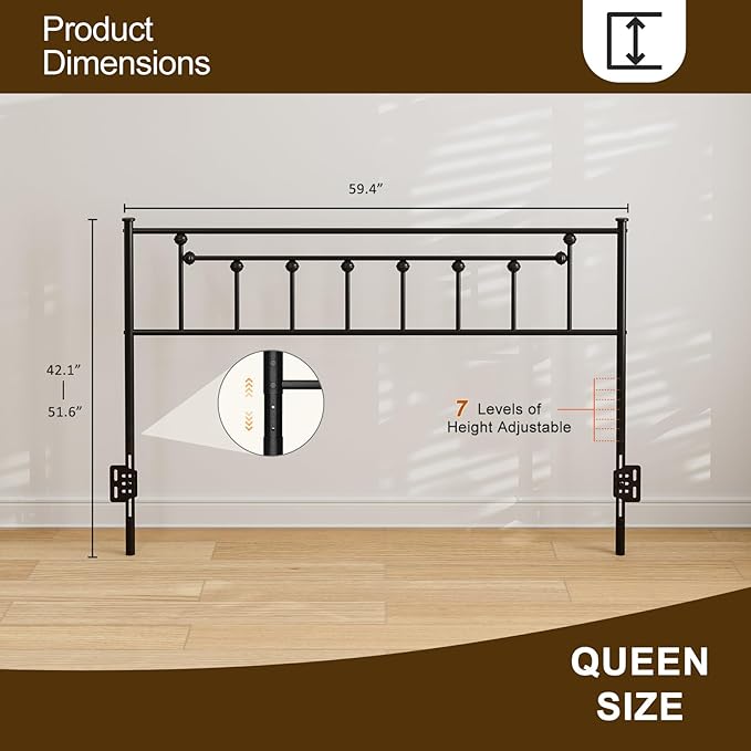 Metal Queen Size Headboard, Victorian Farmhouse Style, Easy Assembly, Steel Headboard Only for Bedroom - Black
