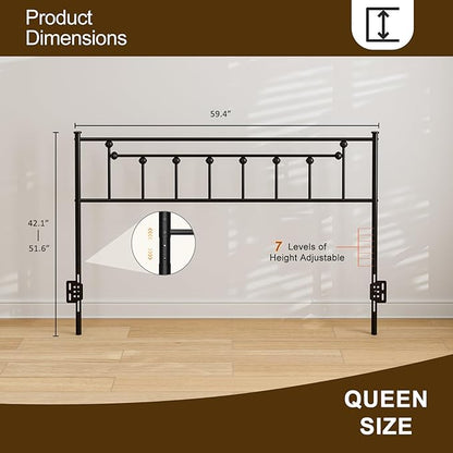 Metal Queen Size Headboard, Victorian Farmhouse Style, Easy Assembly, Steel Headboard Only for Bedroom - Black