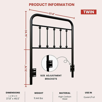 Vintage Twin Size Metal Bed Frame Height Adjustable Headboard Only, Wrought Iron Black Farmhouse Bed Frame Headboard, Easy Assembly, Short Clearance, Tall or Low Setting