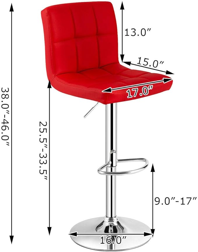 COSTWAY Bar Stools Set of 2, Modern Swivel Adjustable Height PU Leather Barstools with Back, Square Armless Counter Height 2-Pack Bar Chair for Kitchen Island Dining Living Bistro Pub Counter, Red