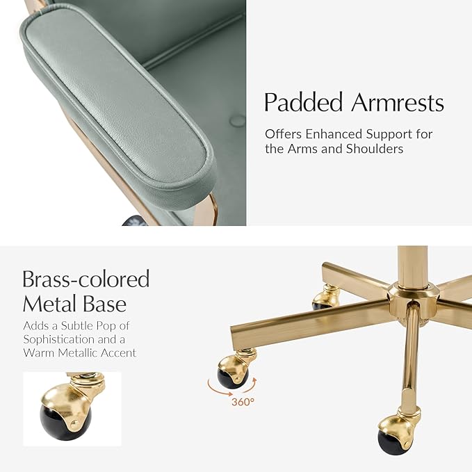 HULALA HOME Faux Leather Office Desk Chair with Golden Metal Legs, Comfy Upholstered Computer Chair with Tufted Backrest & Thick-Cushion Padded Armrest, Height Adjustable and 360°Swivel, Sage