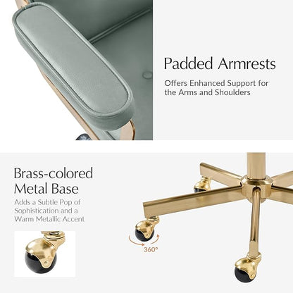HULALA HOME Faux Leather Office Desk Chair with Golden Metal Legs, Comfy Upholstered Computer Chair with Tufted Backrest & Thick-Cushion Padded Armrest, Height Adjustable and 360°Swivel, Sage