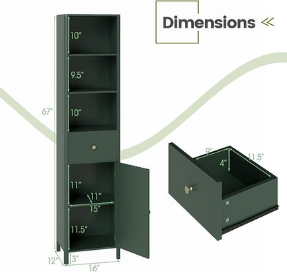 Tangkula 67" Tall Bathroom Cabinet, Narrow Floor Cabinet w/Fluted Door, 3 Open Shelves & 1 Drawer, Freestanding Storage Organizer w/Adjustable Shelf & Anti-tip Kit for Kitchen, Living Room (Green)