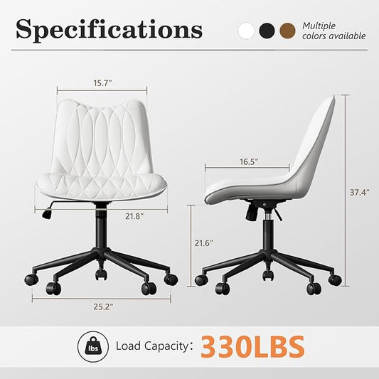 Armless Desk Chair, Armless Office Chair with Wheels, Small Desk Chair No Arms for Home Office, Swivel Vantiy Chair with Backs for Bedroom, Rolling Task Chair for Small Space, White
