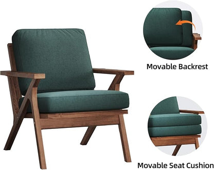 INZOY Mid-Century Modern Accent Chair Set of 2, Breathable Fabric Living Room Chair and Soft Thick Padded Armchair for Living Room Bedroom Reception with Removable Upholstered Cushions, Dark Green