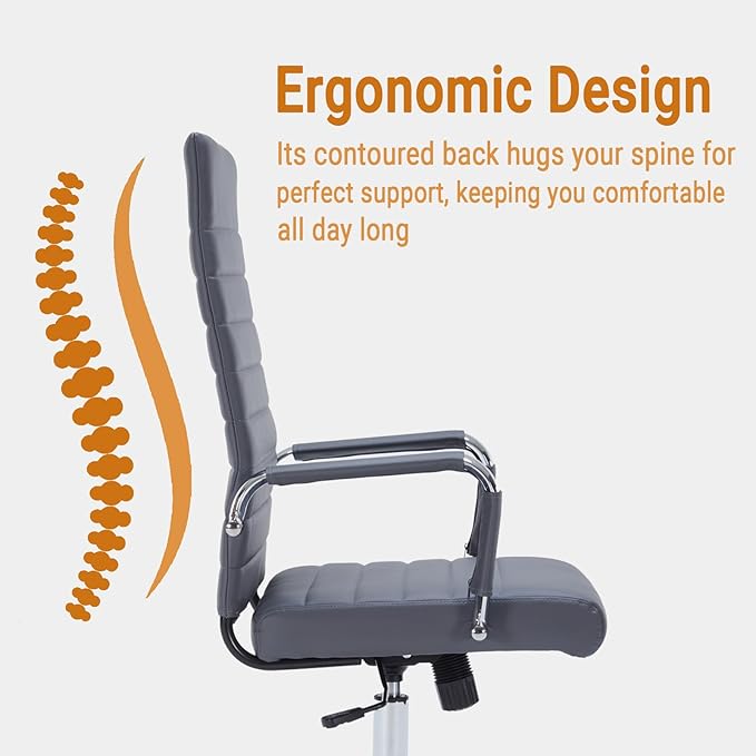 Sidanli Executive Desk Chair, Ergonomic PU Leather Gaming Chair with Adjustable Lumbar Support and Rolling Wheels for Home Office Conference Room, High Back, Gray