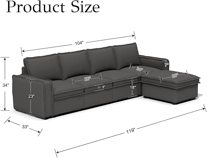 EALSON 119" Modular Sectional Sofa Comfy Cloud Couch with Ottoman Modern Convertible L Shape Couches with Wooden Legs Linen Deep Seat Couch 4-Seater Sofa with Ottoman for Living Room/Apartment, Grey