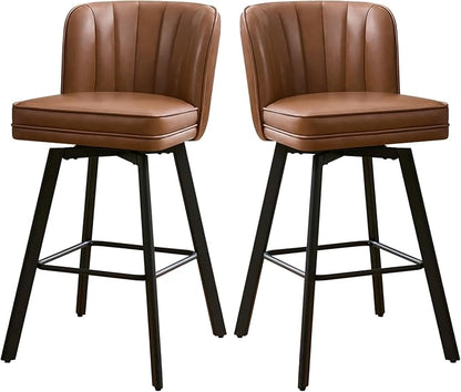 Swivel Counter Height Bar Stools Set of 2, 30'' Modern Barstools with Backs and Metal Legs, Upholstered Bar Chairs, Faux Leather Dark Brown Stools for Kitchen Island Chairs