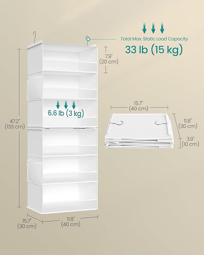 SONGMICS Hanging Closet Organizer, 6-Tier Fabric Storage Shelf, Separable Closet Hanging Shelf with Side Pockets, Foldable, Metal Hooks and Bamboo Inserts, Cloud White URCH007W01