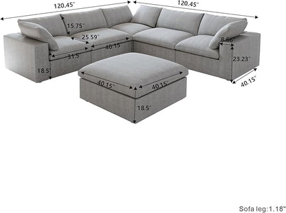 Cloud Modular Sectional Sofa for Livingroom,Large Down Filled Comfort Corner Sectional Sofa Couch with Ottoman,Wide Deep Seat Convertible Couches for Office Apartment,V Shaped,Grey