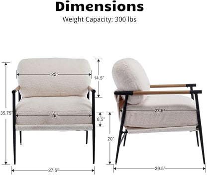 HEAH-YO Modern Accent Chair Set of 1, Upholstered Lambwool Living Room Chair with Backrests, Comfy Reading Armchair for Bedroom, White