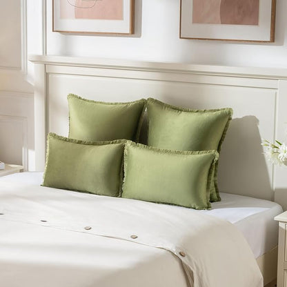 FUTEI Sage Green Velvet Decorative Throw Pillow Covers 20x20 Set of 2,Soft Cozy Edge with Tassels Cushion Case,Boho Modern Home Decor for Couch Bed Living Room