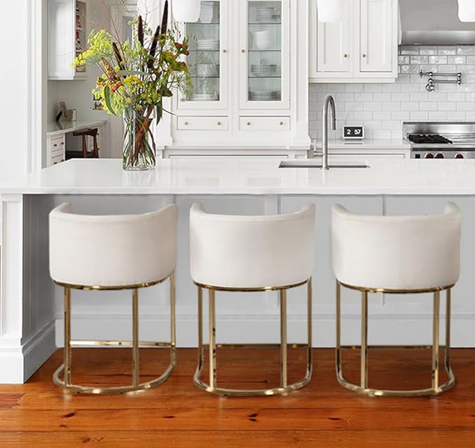 Contemporary Cream Linen Bar Stools Set of 3, 24" Upholstered Fabric Counter Height Barstools Kitchen Counter Island Stools with Screwed Together Golden Metal Base