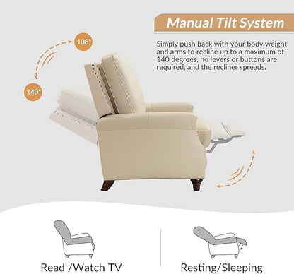 HULALA HOME Genuine Leather Recliner Chair, Classic Push Back Recliner Armchair with Thick Seat and Backrest, Comfy Adjustable Home Theater Single Recliner w/Nailhead Decor for Living Room (Beige)