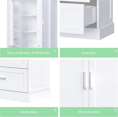 Polibi Tall Storage Cabinet with 2 Doors, 2 Drawers, 4-Tier Storage Racks of Each Door, Adjustable Shelf, Floor Free-Standing Cabinet for Bathroom, Living Room, MDF, White