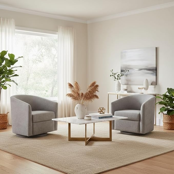 Chenille Swivel Accent Chair, Living Room Chairs, No Assembly Upholstered Armchair, 360°Rotating Barrel Chair for Bedroom, Apartment & Reading Nook (1, Light Grey)