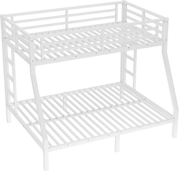 Bellemave Twin Over Full Bunk Bed for Teens, Twin Over Full Bunk Bed Frame with 2 Side Ladder and Full Length Guardrail, Easy Assemble Bunkbeds, Noise Reduced, Mattress Not Included, White