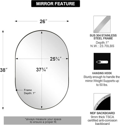 ANDY STAR Chrome Oval Mirror 26x38’’ Pill-Shaped Mirror Chrome Metal Framed for Bathroom Vanity in 1 Inch Stainless Steel Meatl Frame Anti-Rust Wall-Mounted Vertically/Horizontally
