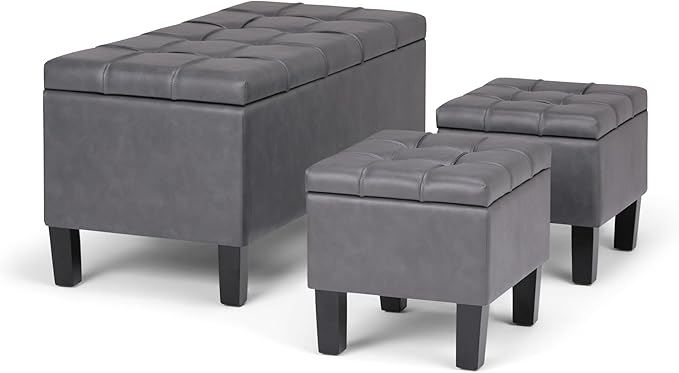 SIMPLIHOME Dover 44 inch Wide Contemporary Rectangle 3 Pc Storage Ottoman in Stone Grey Vegan Faux Leather, Assembled, for the Living Room, Entryway and Family Room