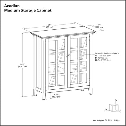SIMPLIHOME Acadian Storage Cabinet - 39 inch Wide Solid Wood 4-Shelf Display Cabinet in Light Golden Brown, Transitional Cupboard for Living Room or Dining Room with Glass Doors and Adjustable Shelves