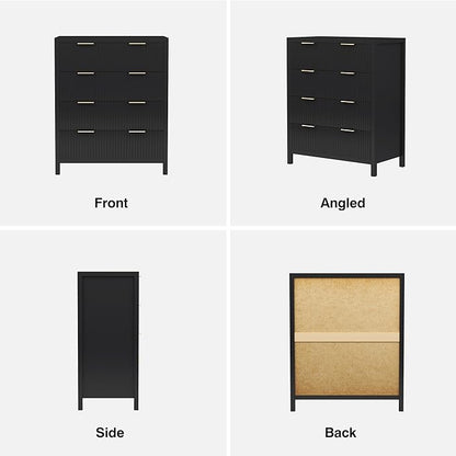 4 Drawer Double Dressers for Bedroom with Waveform Fluted Panel Design, Modern Wide Chest of Drawers,Wood Storage Dresser Chest of Drawers for Bedroom Living Room Hallway Closet, Black 2 Sets