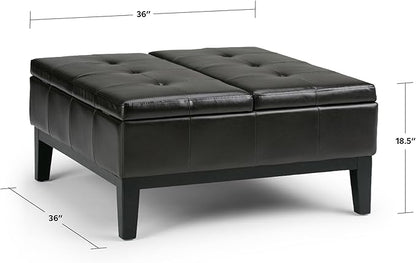 SIMPLIHOME Dover 36 inch Wide Contemporary Square Coffee Table Storage Ottoman in Midnight Black Vegan Faux Leather, Assembled, For the Living Room and Bedroom